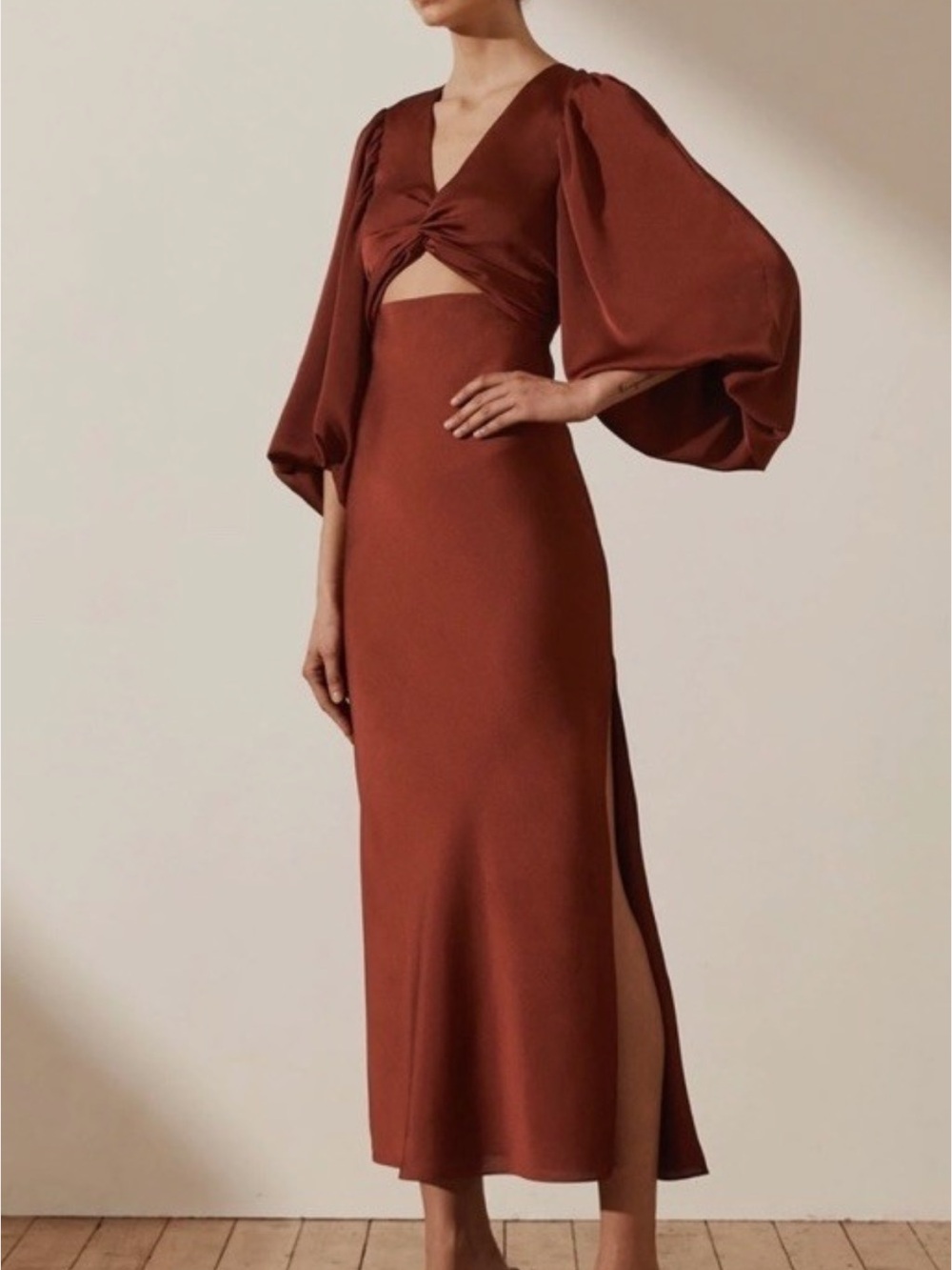 Shona Joy Twist Front Long Sleeve Midi Dress